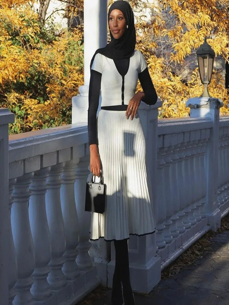Summer Women White Long Skirt Suit – Elegant 2 Piece Crop Top & Pleated Skirt Set