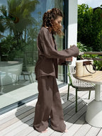 Women’s Casual Brown Cotton Linen Shirt & Pants Suit – Spring