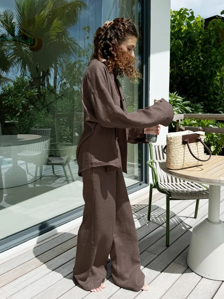 Women’s Casual Brown Cotton Linen Shirt & Pants Suit – Spring