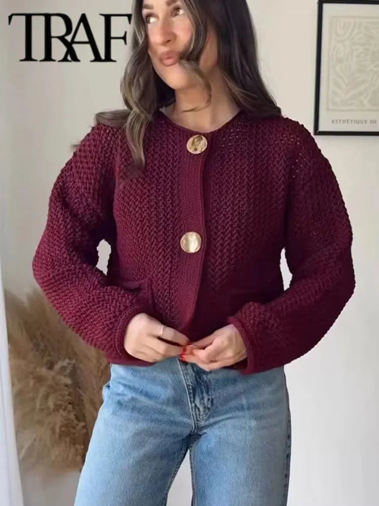 TRAF Autumn Winter Knitted Cardigans for Women – Casual Loose Button Sweater Coat