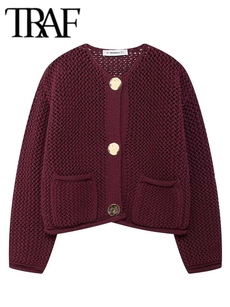 TRAF Autumn Winter Knitted Cardigans for Women – Casual Loose Button Sweater Coat