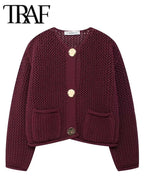 TRAF Autumn Winter Knitted Cardigans for Women – Casual Loose Button Sweater Coat