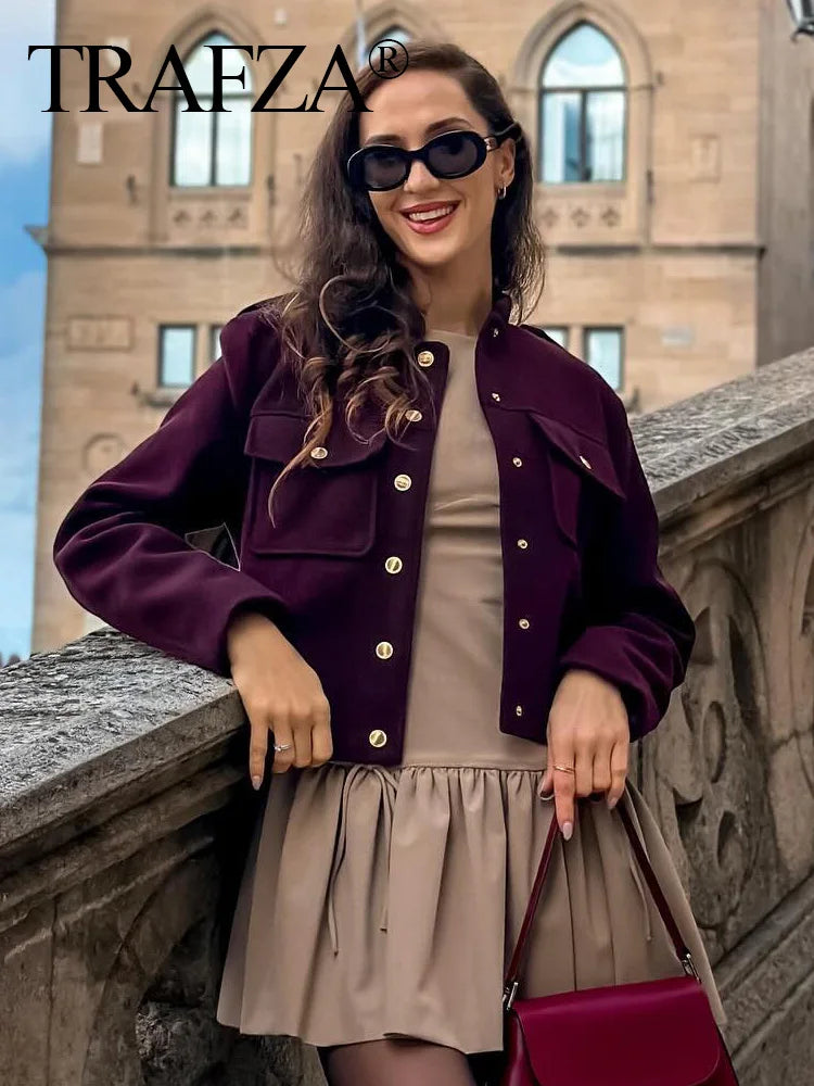 TRAFZA Fashion Women’s Soft Tweed Bomber Jacket – Vintage O-Neck Woolen Coat