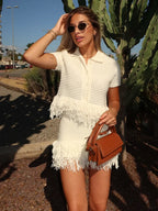 Women’s Elegant White Knit Tassel Skirt Suit – Summer Collection