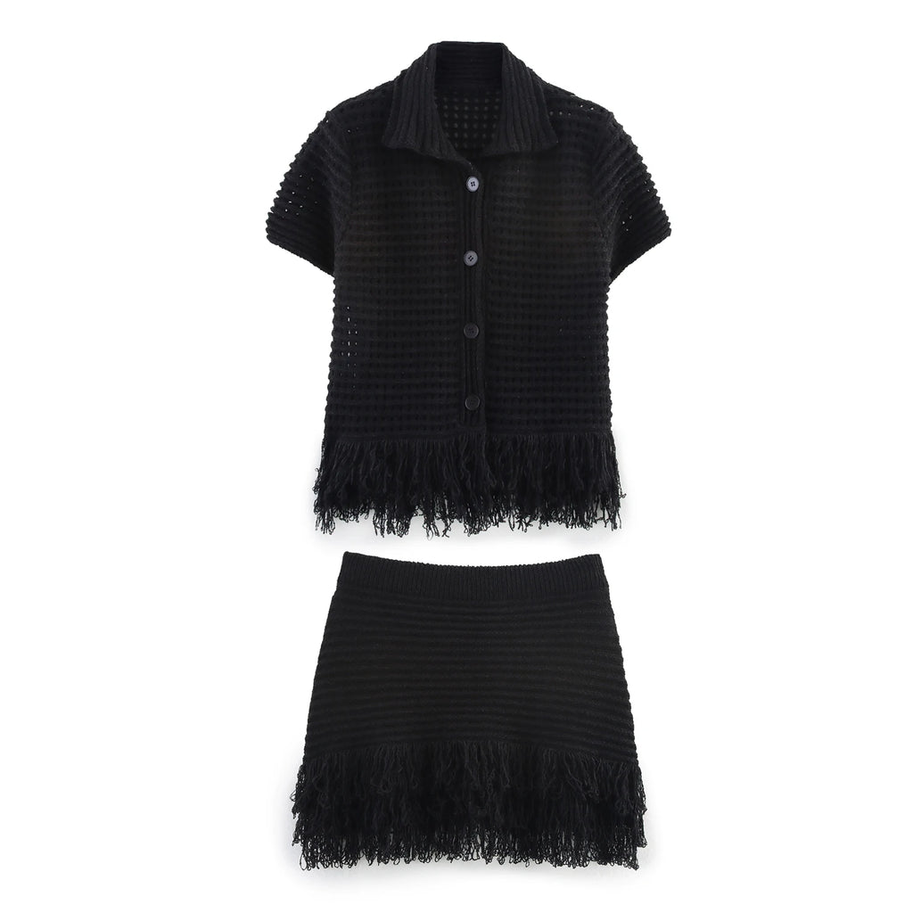 Women’s Elegant White Knit Tassel Skirt Suit – Summer Collection
