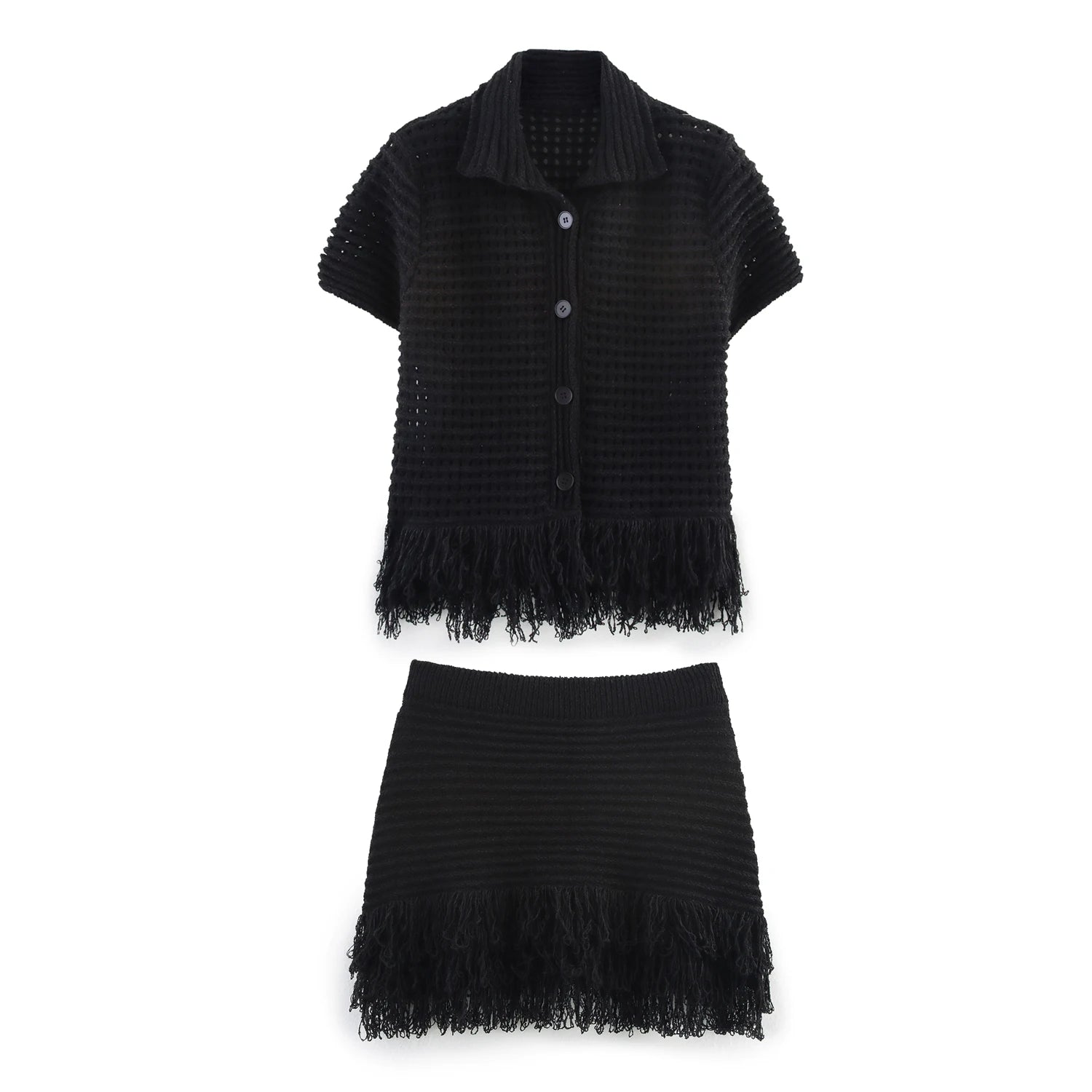 Women’s Elegant White Knit Tassel Skirt Suit – Summer Collection