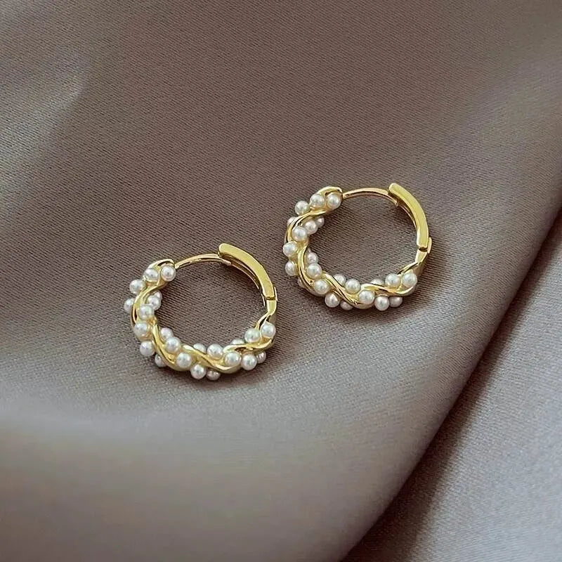 French Imitation Pearl Circle Earrings – Elegant Small Round Hoops for Women