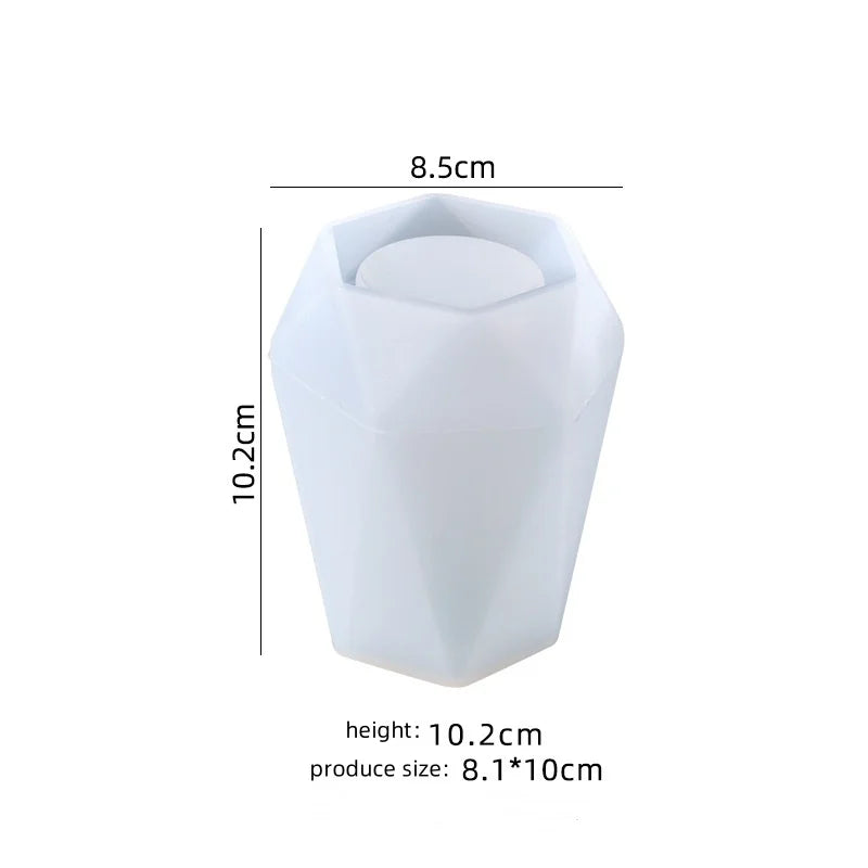 White geometric candle holder with dimensions on a white background