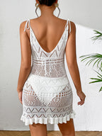 Halter Summer Knitted Beach Dress – Solid Color, Backless Cover-Up