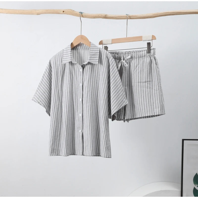 Casual Striped Two-Piece Set – Button-Up Shirt & Wide Leg Shorts