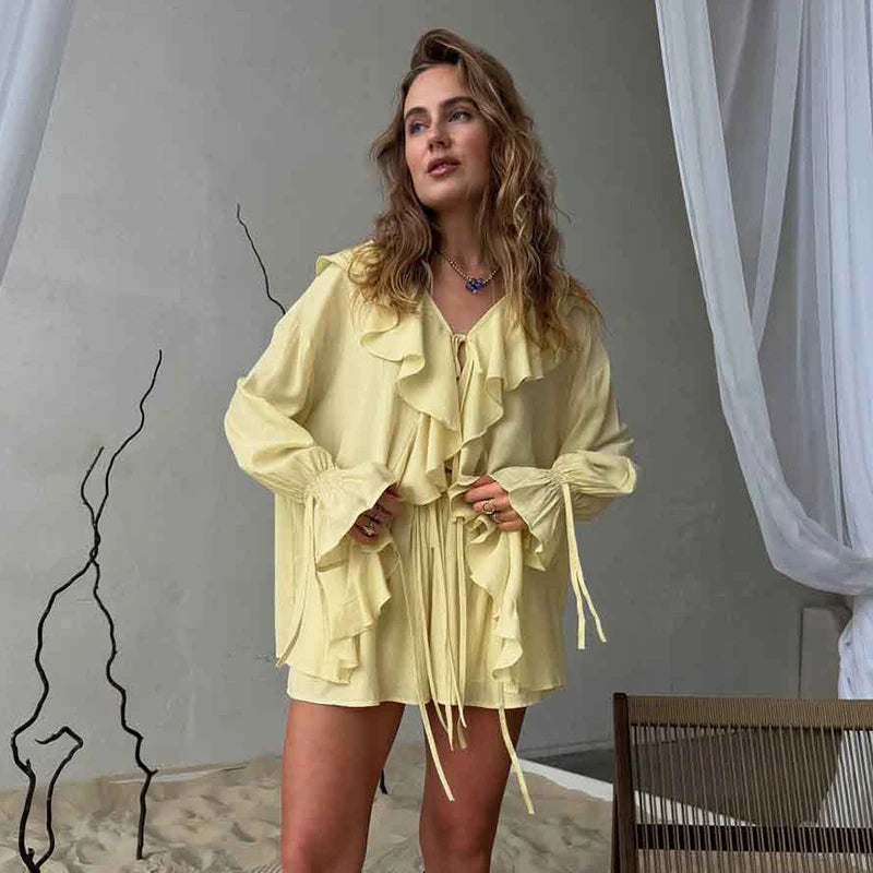Tornova Women’s Ruffled Shorts Set – V Neck Lace-Up Shirt + Casual Shorts