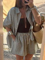 Casual Striped Two-Piece Set – Button-Up Shirt & Wide Leg Shorts