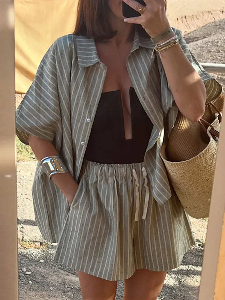 Casual Striped Two-Piece Set – Button-Up Shirt & Wide Leg Shorts