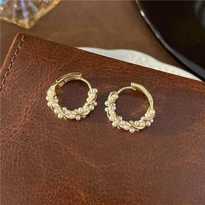 French Imitation Pearl Circle Earrings – Elegant Small Round Hoops for Women