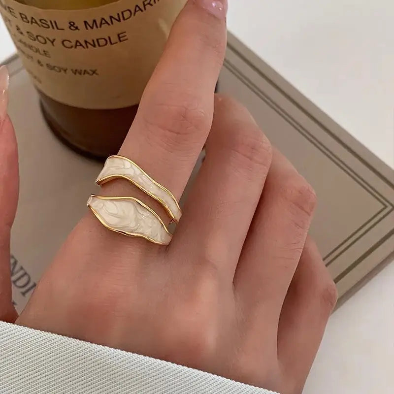 Vintage White Enamel Adjustable Geometric Open Ring – Women’s Fashion Jewelry