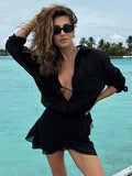 Casual 2 Piece Summer Outfit – Lace-Up Cover Up Shirt & Ruffled Mini Skirt
