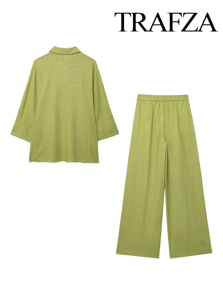 TRAFZA Women 2 Piece Set Elastic Waist Pocket Folds Decorate Wide Leg Pants+Solid Single-Breasted Slit Hem Blouse Top