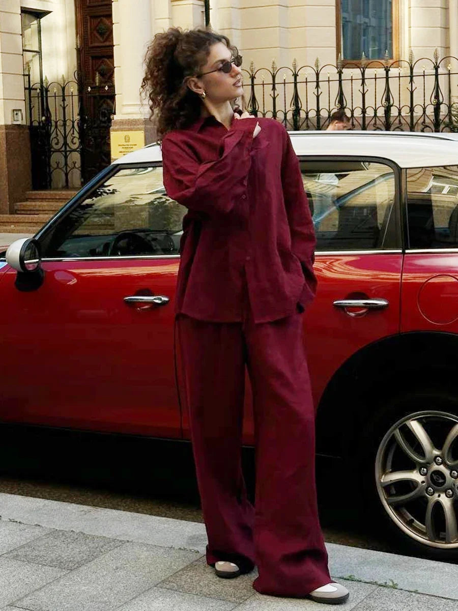 Women’s Casual Brown Cotton Linen Shirt & Pants Suit – Spring