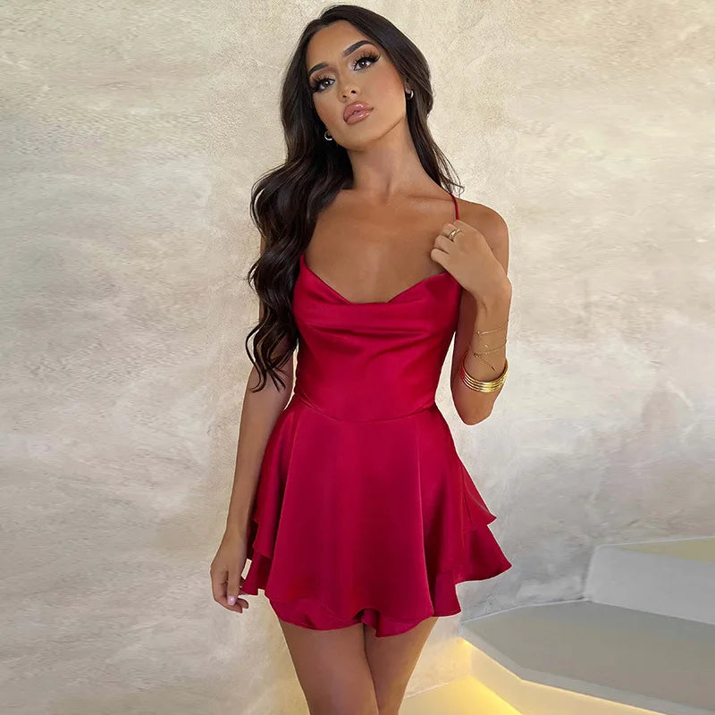 Summer Satin Tie-Up Backless Romper-Blumora