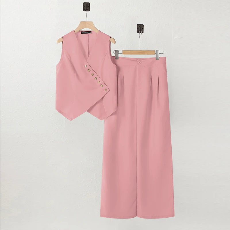 ZANZEA Women’s Pant Sets – Irregular Button Vest & Wide Leg Trouser Suits