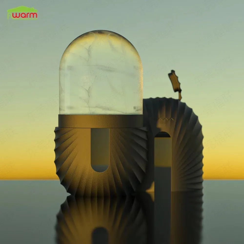 Light bulb with a warm glow on a reflective surface against a gradient background