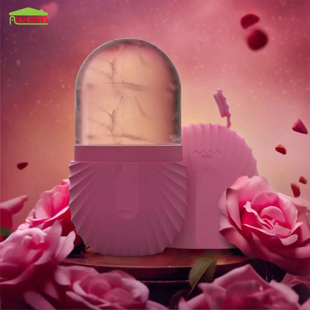 Pink decorative item with a marble-like top on a pink background with roses and rose petals.