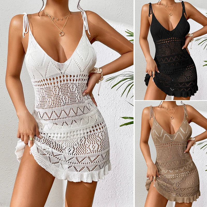 Halter Summer Knitted Beach Dress – Solid Color, Backless Cover-Up