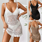 Halter Summer Knitted Beach Dress – Solid Color, Backless Cover-Up