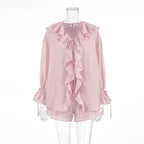 Tornova Women’s Ruffled Shorts Set – V Neck Lace-Up Shirt + Casual Shorts