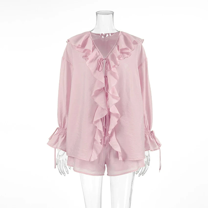 Tornova Women’s Ruffled Shorts Set – V Neck Lace-Up Shirt + Casual Shorts