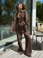 Women’s Casual Brown Cotton Linen Shirt & Pants Suit – Spring