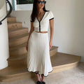 Summer Women White Long Skirt Suit – Elegant 2 Piece Crop Top & Pleated Skirt Set