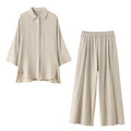TRAFZA Women 2 Piece Set Elastic Waist Pocket Folds Decorate Wide Leg Pants+Solid Single-Breasted Slit Hem Blouse Top