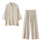 TRAFZA Women 2 Piece Set Elastic Waist Pocket Folds Decorate Wide Leg Pants+Solid Single-Breasted Slit Hem Blouse Top