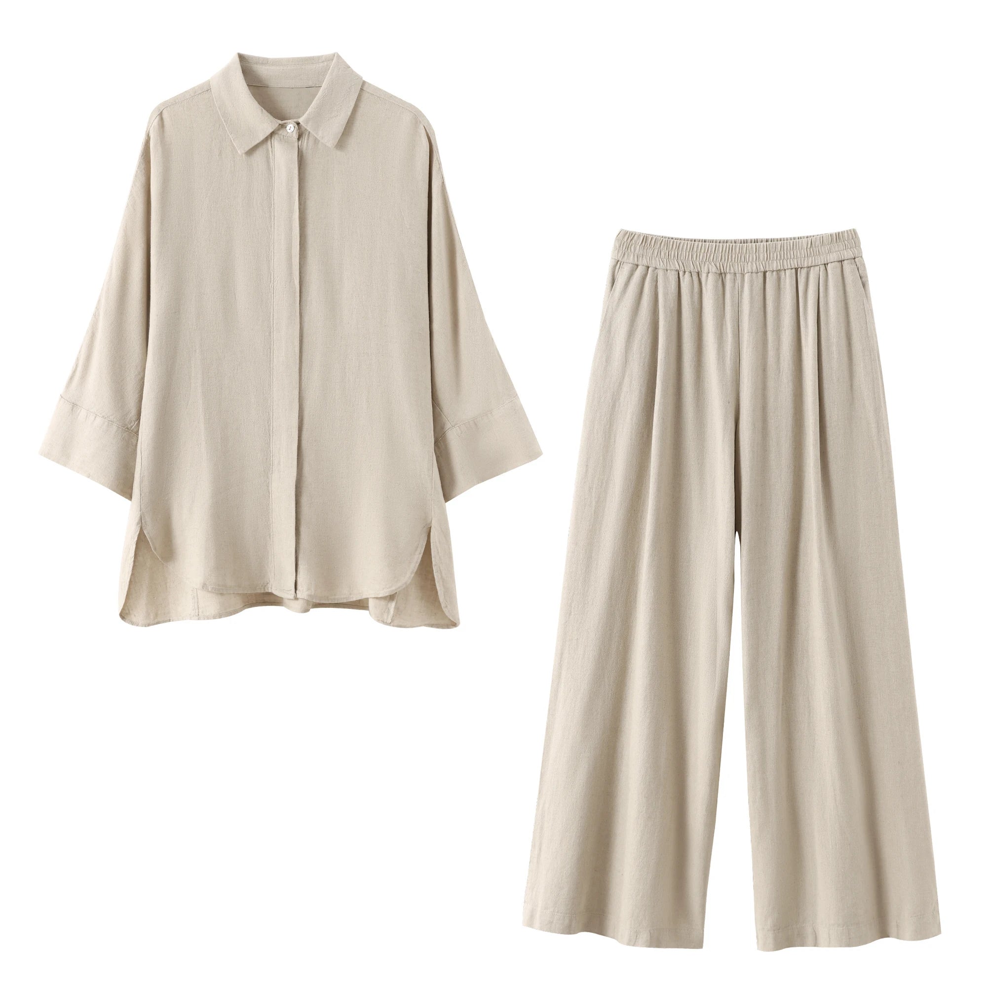 TRAFZA Women 2 Piece Set Elastic Waist Pocket Folds Decorate Wide Leg Pants+Solid Single-Breasted Slit Hem Blouse Top