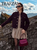 TRAFZA Fashion Women’s Soft Tweed Bomber Jacket – Vintage O-Neck Woolen Coat