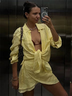 Casual 2 Piece Summer Outfit – Lace-Up Cover Up Shirt & Ruffled Mini Skirt