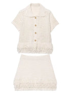 Women’s Elegant White Knit Tassel Skirt Suit – Summer Collection
