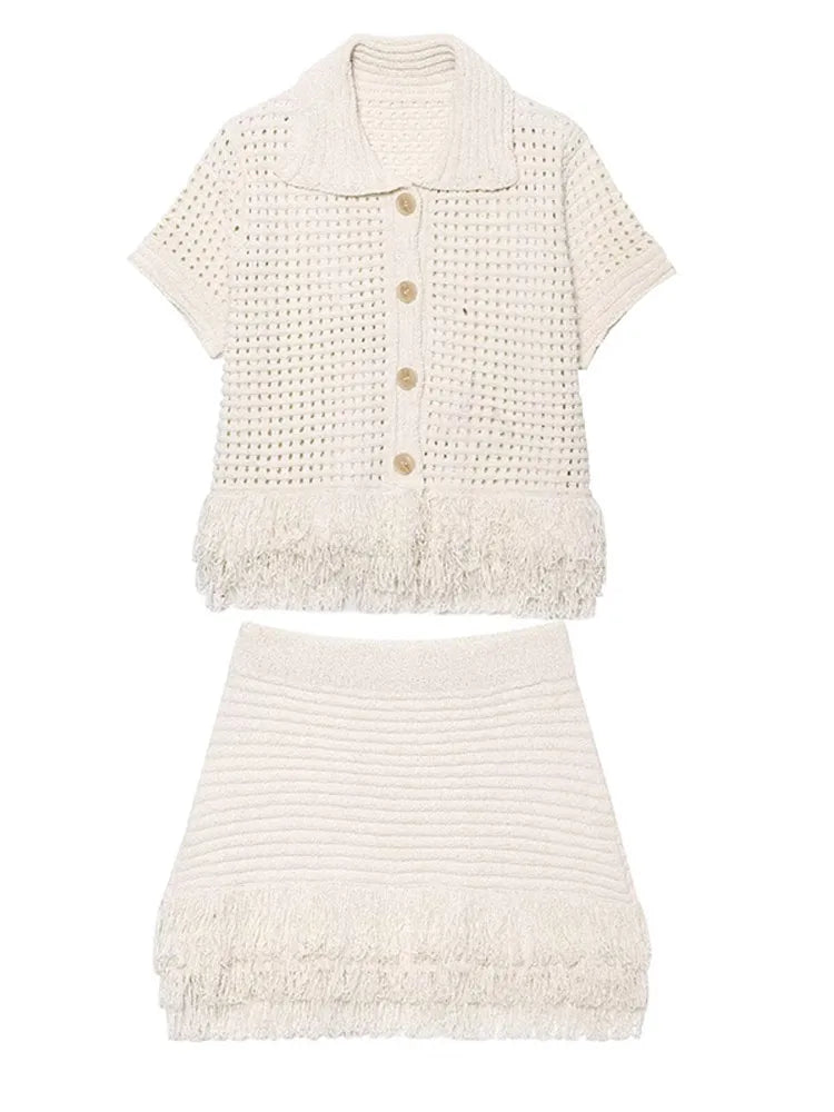 Women’s Elegant White Knit Tassel Skirt Suit – Summer Collection