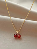 Little Wine Red Cherry Pendant Necklace – Golden Chain Women’s Fashion Jewelry