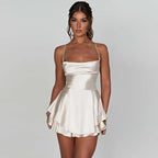 Summer Satin Tie-Up Backless Romper-Blumora