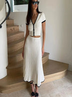 Summer Women White Long Skirt Suit – Elegant 2 Piece Crop Top & Pleated Skirt Set