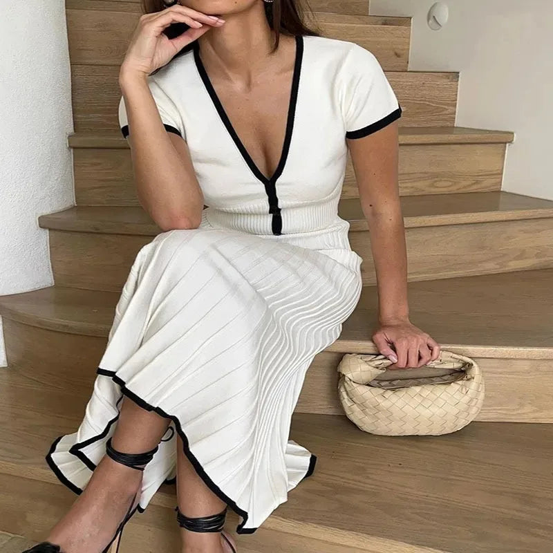 Summer Women White Long Skirt Suit – Elegant 2 Piece Crop Top & Pleated Skirt Set