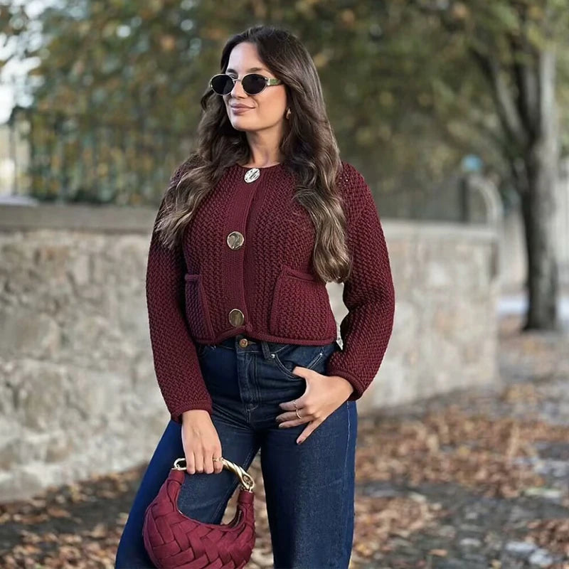 TRAF Autumn Winter Knitted Cardigans for Women – Casual Loose Button Sweater Coat