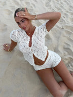 Women’s Elegant White Knit Tassel Skirt Suit – Summer Collection