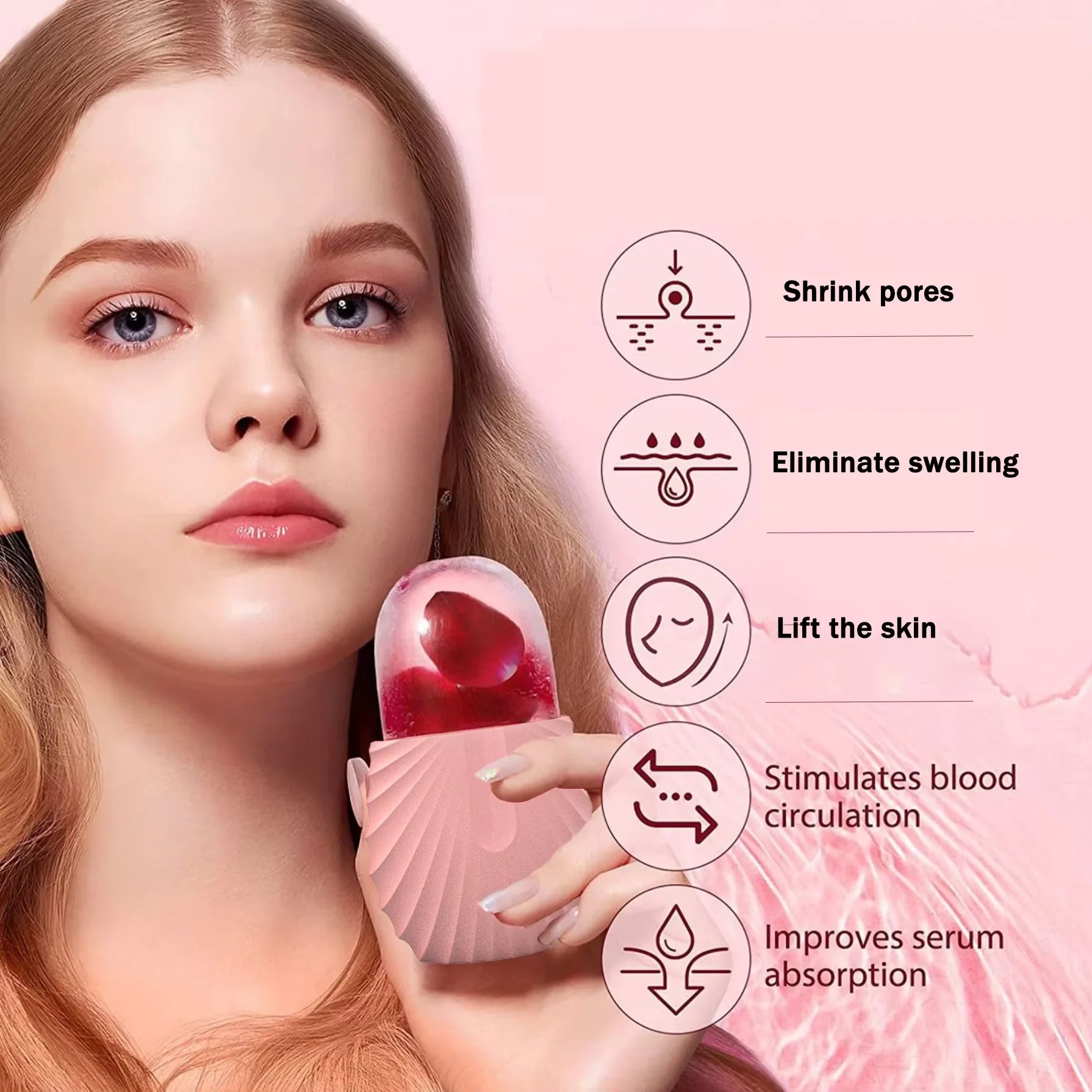 Woman holding a pink skincare device with icons and text on a pink background