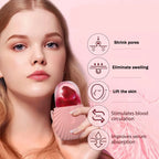 Woman holding a pink skincare device with icons and text on a pink background