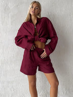 Women’s Casual Brown Cotton Linen Shirt & Pants Suit – Spring