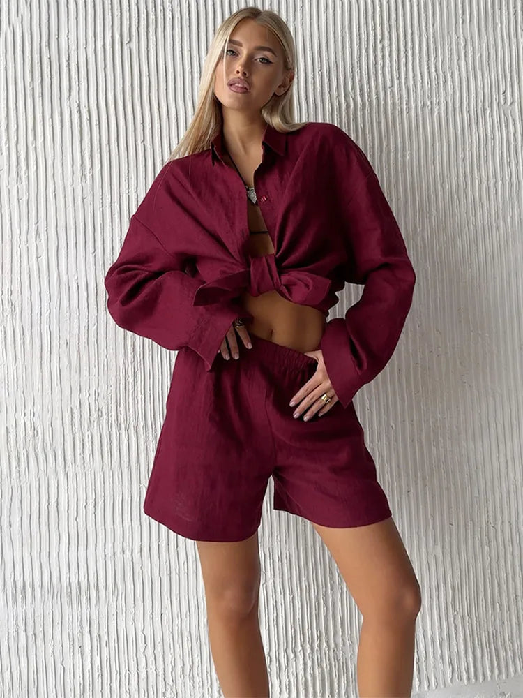 Women’s Casual Brown Cotton Linen Shirt & Pants Suit – Spring