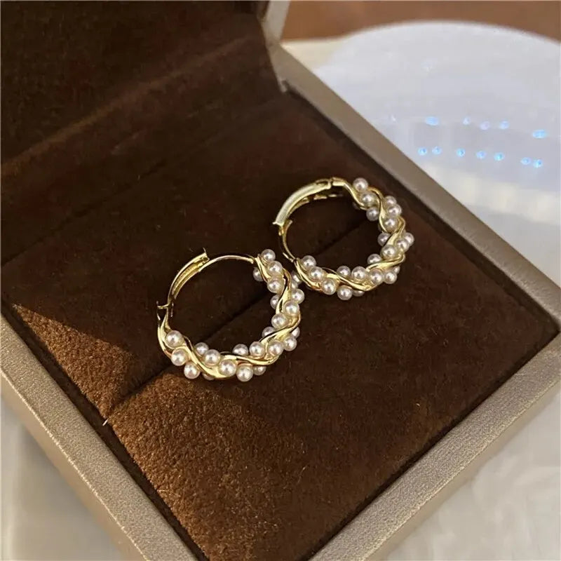 French Imitation Pearl Circle Earrings – Elegant Small Round Hoops for Women